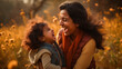 
A heartwarming scene portraying a happy Indian mother having fun with her daughter outdoors. The focus of the image is on the mother's face, capturing her genuine joy.