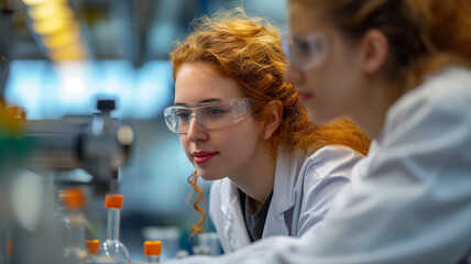 Wall Mural - female scientists working in laboratory. young female scientist in white coat and glasses working in