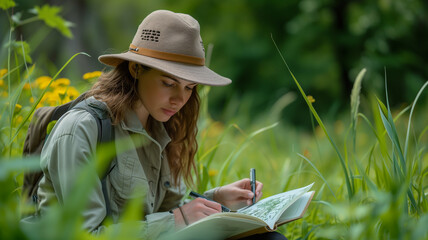 Wall Mural - young woman in hat sitting on grass and writing in notebook. student studying outdoors.