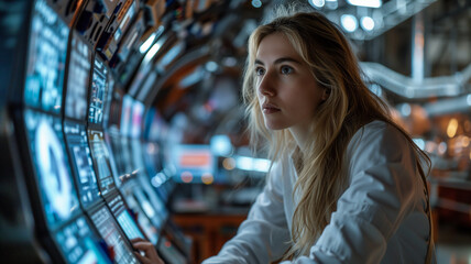 Wall Mural - portrait of a beautiful young woman looking at the camera in the control room of a spaceship.