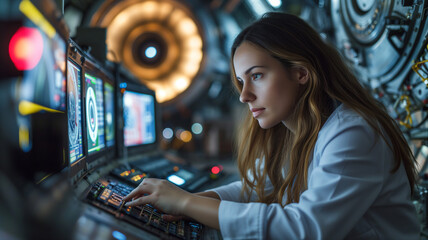 Wall Mural - Portrait of a female data analyst in the room