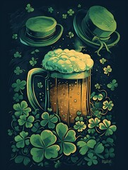 St. Patrick day, Green clover, Leprechaun drinking in a pub, pot of gold, background poster, lucky, wallpaper, card