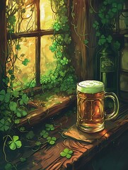 St. Patrick day, Green clover, Leprechaun drinking in a pub, pot of gold, background poster, lucky, wallpaper, card