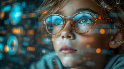 curious child with glasses gazes in wonder amidst technology. a vision of future learning and discov