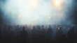 abstract silhouettes of crowds of people in the fog, blurred light background urban view traffic