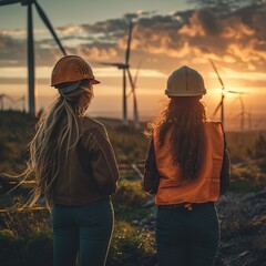 Wall Mural - Equipo de ingenieros de mantenimiento trabajando en un parque de aerogeneradores al atardecer.
Aerogenerador en granjas de construcción de molinos de viento. Concepto de energía renovable sostenible.