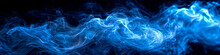 Blue Swirling Flowing Smoke On Black Background Wide Format Illustration. 