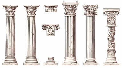 ancient marble columns set collection of isolated architectural elements on a white background