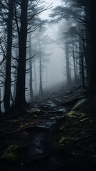 Wall Mural - foggy landscape in a coniferous forest, gloomy autumn view twilight cold evening in a mountain forest, vertical panorama of tall trees