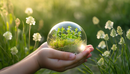 Wall Mural - A crystal ball in the palms symbolizing the globe and care for nature