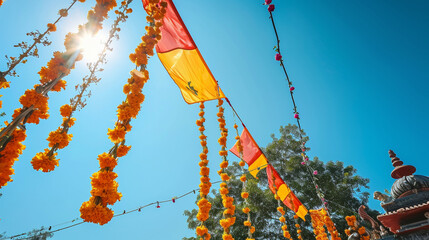 A traditional Gudi Padwa setup with a vibrant Gudi flag fluttering against a clear blue sky, surrounded by marigold garlands and festive decorations. The symbolic Gudi stands tall,