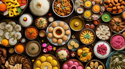 An overhead shot of a table spread with an array of traditional Maharashtrian sweets and festive dishes prepared for Gudi Padwa. The delectable spread showcases the culinary deligh