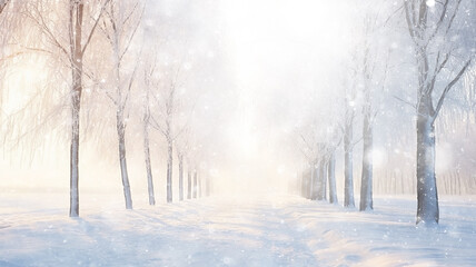 Wall Mural - winter alley of trees, snowfall in the morning misty park, winter landscape, seasonal abstract blurred background copy space