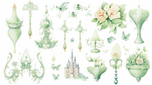 Set Collection Of Green Delicate Accessories Of A Fairy Princess Watercolor Drawing Isolated On A White Background Delicate Soft Mint Color Of Spring