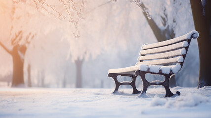 Wall Mural - winter landscape, park bench, abstract background copy space, christmas view postcard