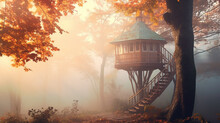 A Tree House, A Landscape In The Rays Of The Sun Among The Tops Of Green Trees And The Morning Calm Fog, A Fairytale Panorama Of A Secluded Hermit's Dwelling