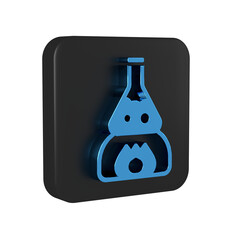 Sticker - Blue Glass test tube flask on fire heater experiment icon isolated on transparent background. Laboratory equipment. Black square button.