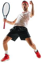 Winner. Emotional young man, tennis player in sportswear standing with racket, expressing success and win isolated over transparent background. Sport, competition, tournament, active lifestyle concept