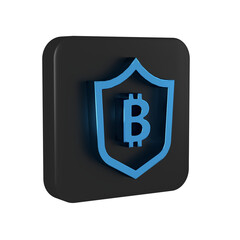 Poster - Blue Shield with bitcoin icon isolated on transparent background. Cryptocurrency mining, blockchain technology, security, protect, digital money. Black square button.