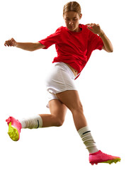 Wall Mural - Young concentrated girl, football player in motion, playing, ready to hit ball isolated over transparent background. Concept of sport, competition, action, winner, tournament, active lifestyle