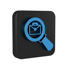 Poster - Blue Magnifying glass with briefcase icon isolated on transparent background. Job hunting icon. Work search concept. Unemployment, head hunting, career. Black square button.