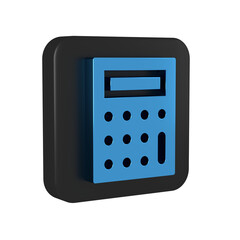 Poster - Blue Calculator icon isolated on transparent background. Accounting symbol. Business calculations mathematics education and finance. Black square button.