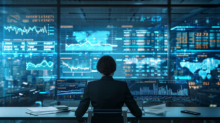 An elegant office space with a professional analyzing a series of financial reports and market graphs spread across a desk, with digital screens displaying stock exchange data in the background