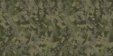 Abstract Jungle Camouflage Seamless Dark Khaki Green Pattern. Camo Background, Curved Wavy Stripped. Military Print For Design, Wallpaper, Textile. Vector Illustration
