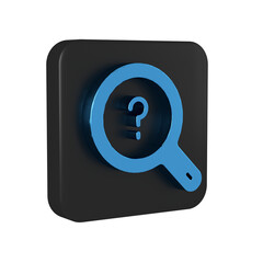 Poster - Blue Unknown search icon isolated on transparent background. Magnifying glass and question mark. Black square button.