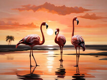 Twilight Dance: Silhouetted Flamingos At Sunset