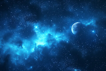 blue night sky with stars and the moon, in the style of infinite space,
