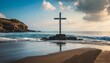 Cross on a Calm Seashore: A cross situated on a serene seashore.