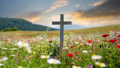 Poster - Cross in a Meadow: A simple cross set in a peaceful meadow, surrounded by wildflowers and the tranquility of nature.