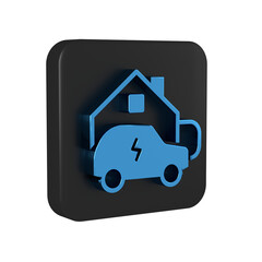 Wall Mural - Blue Electric car parking charging at home wall box charger station on house icon isolated on transparent background. Black square button.