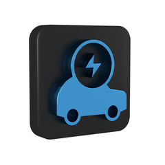 Canvas Print - Blue Electric car and electrical cable plug charging icon isolated on transparent background. Renewable eco technologies. Black square button.