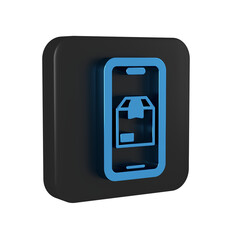 Canvas Print - Blue Mobile smart phone with app delivery tracking icon isolated on transparent background. Parcel tracking. Black square button.