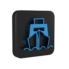 Wall Mural - Blue Cargo ship with boxes delivery service icon isolated on transparent background. Delivery, transportation. Freighter with parcels, boxes, goods. Black square button.