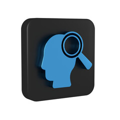 Poster - Blue Magnifying glass for search a people icon isolated on transparent background. Recruitment or selection. Search for employees and job. Black square button.