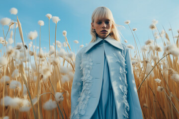 Blonde fashion outfit girl posing outside and wearing pastel blue design clothes. The background is reed trees. Spring day.