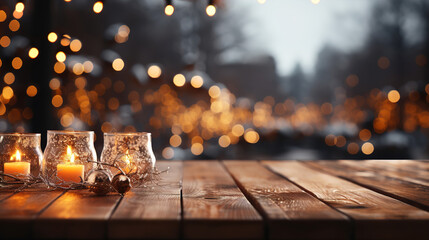 Glowing Ligh Wooden Table of Blur Background With Copy Space