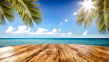 Wooden Desk Of Free Space And Summer Background Of Beach