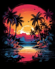 Wall Mural - Tropical paradise: A colorful and vibrant background with palm trees and flowers for t-shirt design