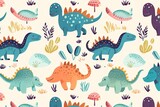 Fototapeta Dinusie - Childish dinosaur seamless pattern with lettering for fashion design. Hand drawn vector illustration of cute dinosaurs in pastel colors.