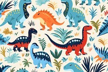 Childish Dinosaur Seamless Pattern With Lettering For Fashion Design. Hand Drawn Vector Illustration Of Cute Dinosaurs In Pastel Colors.
