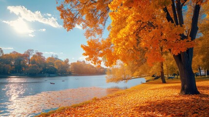 Poster - Autumn scene. Bright colorful landscape yellow trees in autumn park. Fall nature.