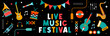 Live Music festival - Musical instruments - Illustrations and title - Black background - Bright lights
