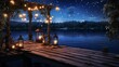 A captivating background featuring a charming lakeside dock adorned with lanterns and a view of the starry night sky, creating a serene and romantic ambiance for Valentine's Day - Generative AI