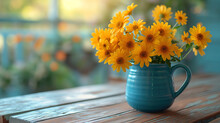 A Bunch Of Yellow Flowers And Dandelions In A Vase On A Vintage Wooden Stand In A Cup