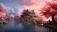 A Captivating Background Featuring A Serene Lakeside Cottage Surrounded By Blooming Cherry Blossom Trees, Creating A Picturesque And Romantic Backdrop For Valentine's Day Scenes - Generative AI