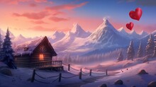 A Captivating Background Featuring A Snowy Mountain Vista, Bathed In Warm Sunlight, With A Heart-shaped Clearing And A Rustic Cabin, Creating A Serene And Romantic Atmosphere  - Generative AI